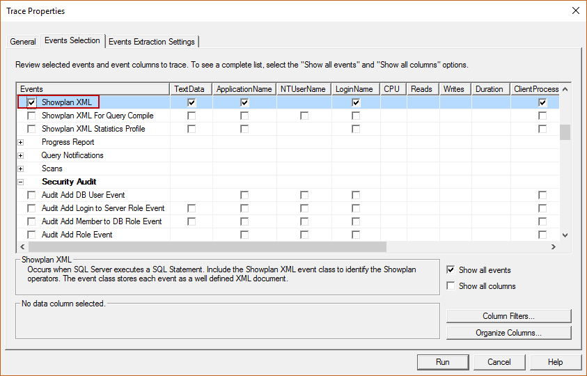 Selecting the Showplan XML using SQL Server Profiler