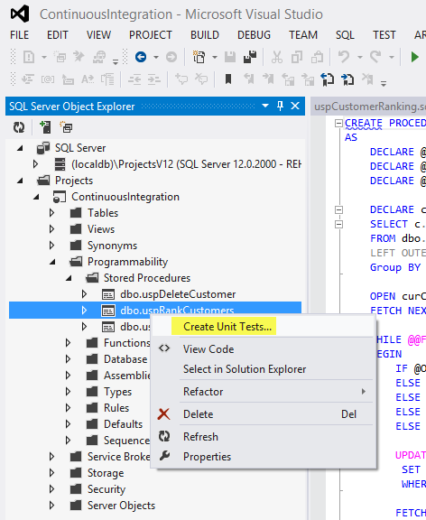 SQL unit testing - Creating unit tests from Projects node