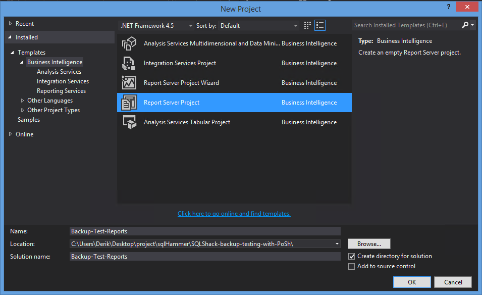 Selecting the Report Server Project under Business Intelligence