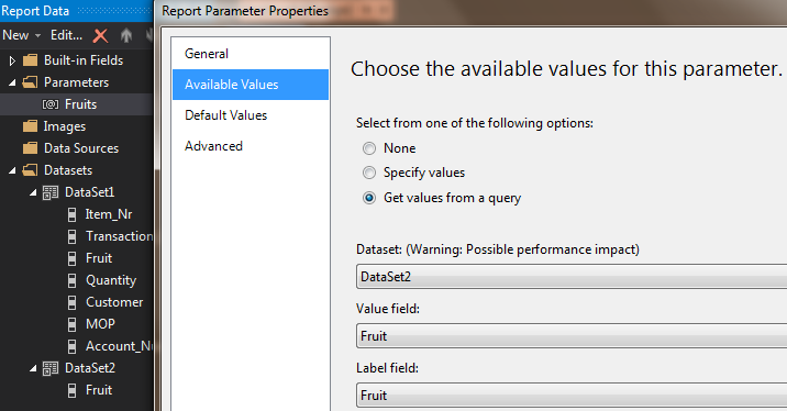 SSRS Report dataset to populate fruit parameter values