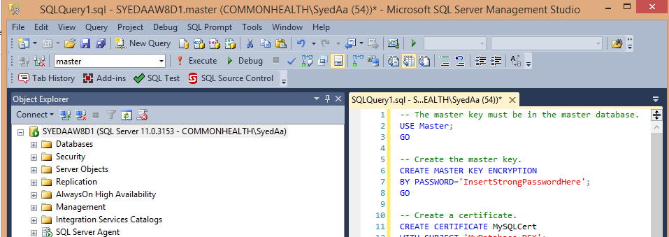 SSMS login to create a TDE master key