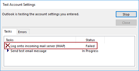 Test Account Settings dialog in Windows showing a failed log onto the IMAP mail server