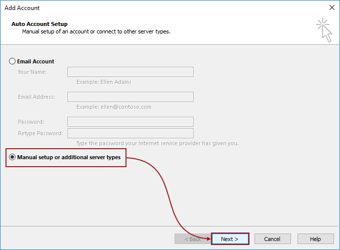 Add Account dialog in Outlook client with Manual setup or additional server types option checked