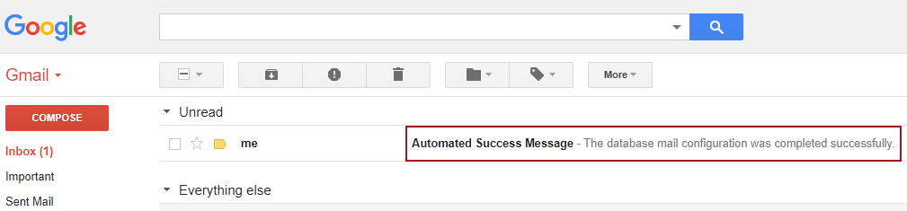 The inbox of Gmail showing an e-mail with the body saying that dbmail was configured successfully