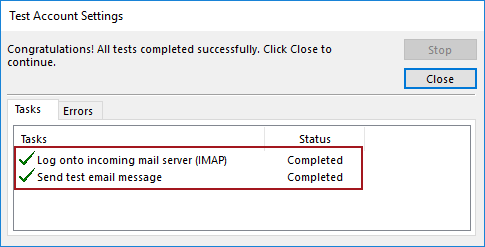 Test Account Settings dialog in Windows showing that all tests completed successfully