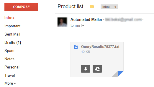 Gmail inbox showing an e-mail with results of a SELECT statement as an attachment