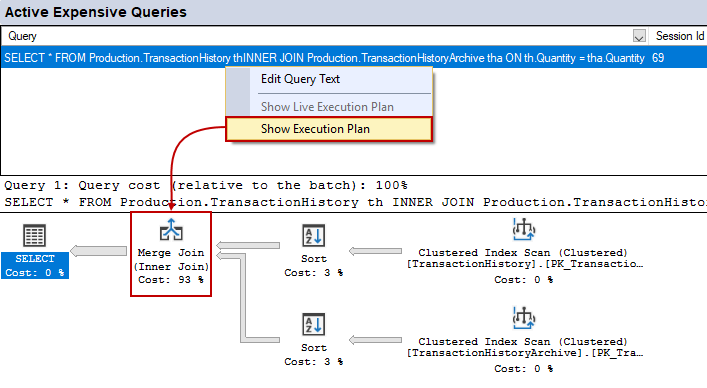 Active Expensive Queries pane of the Activity monitor showing an execution plan