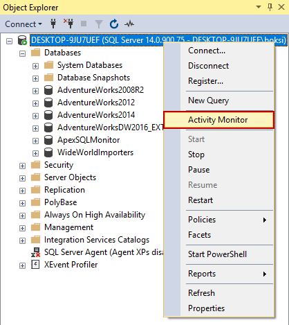 Activity Monitor option from SSMS's right-click context menu in Object Explorer for monitoring SQL Server performance