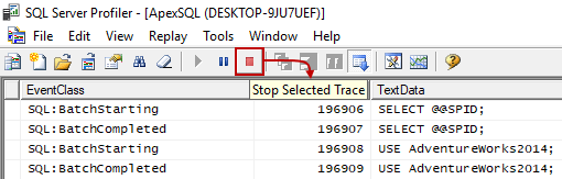 Button for stopping a trace within SQL Server Profiler window