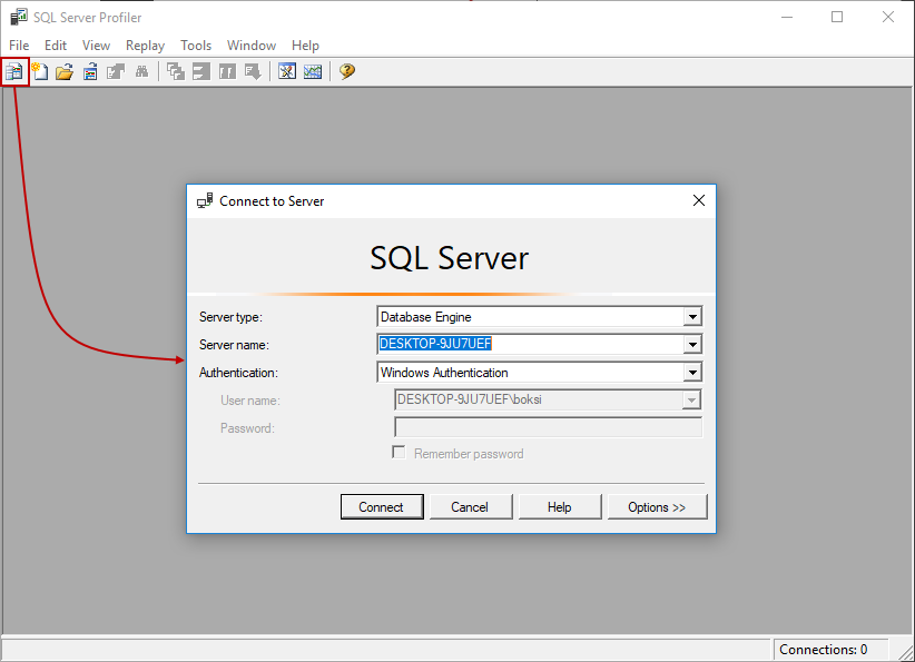 Connect to Server box from SQL Server Profiler