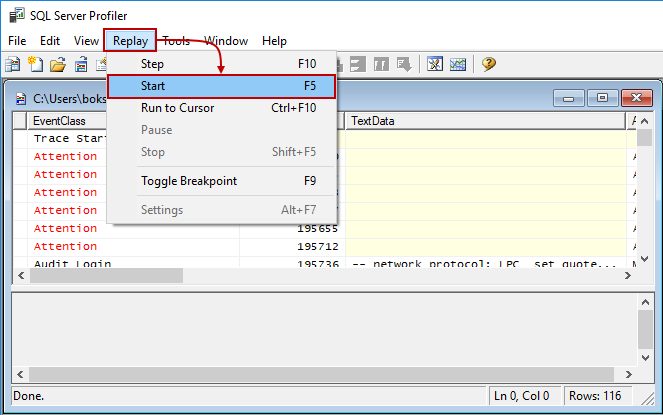 Option for starting a replay of a trace in SQL Server Profiler