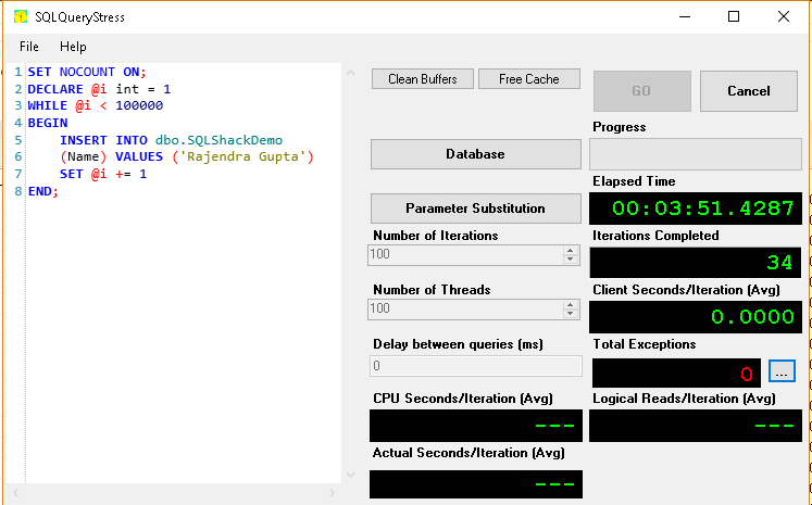 Run the load on SqlQueryStress with multple Iterations and threads