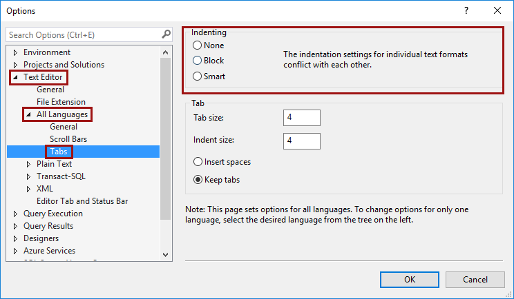 SSMS indenting options