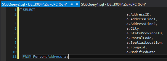SSMS text editor SQL layout options - spaces