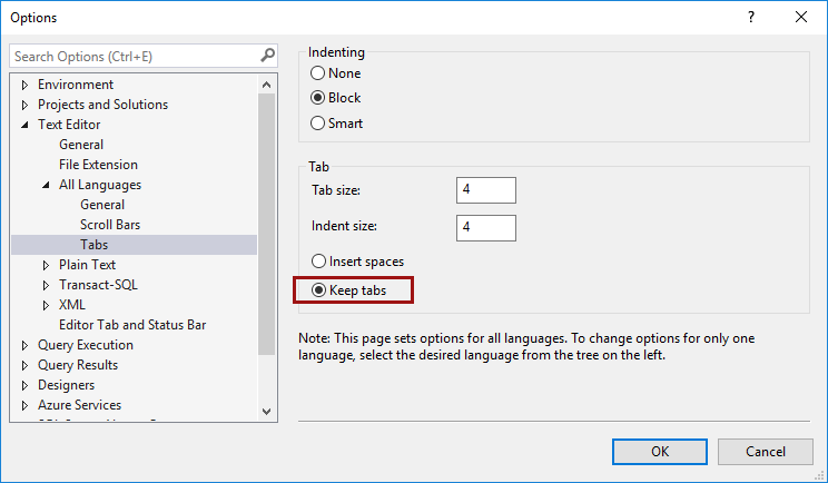 SSMS text editor options - tabs