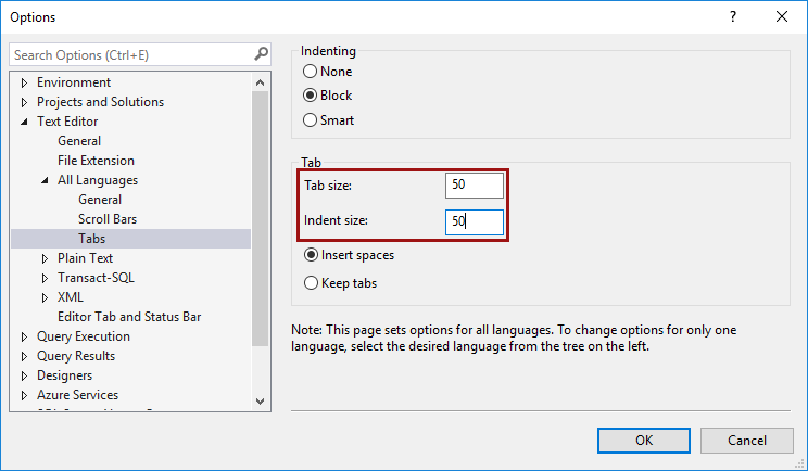 SSMS text editor options - tabs, tab size