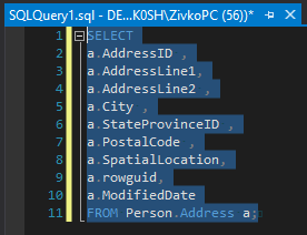 SSMS text editor SQL layout options - spaces - Delete Horizontal White Space removes all spaces for the selected SQL code