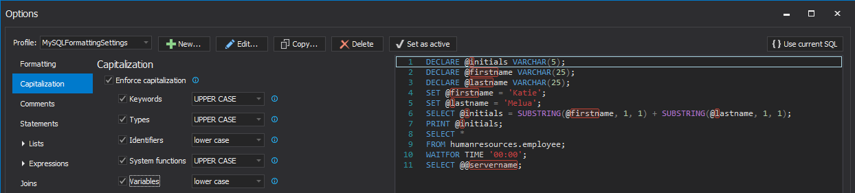 SQL formatting options - Capitalization