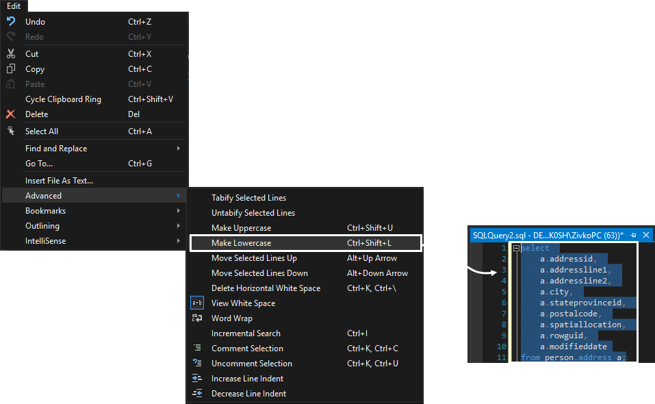 SSMS SQL layout text editor options - Make lowercase