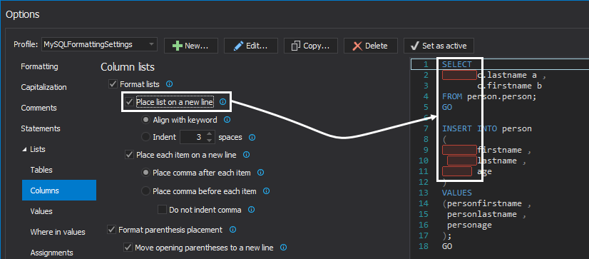 SQL formatter options - column lists