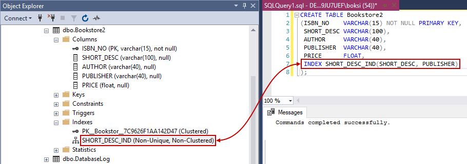 An executed query for creating a clustered index on specified columns