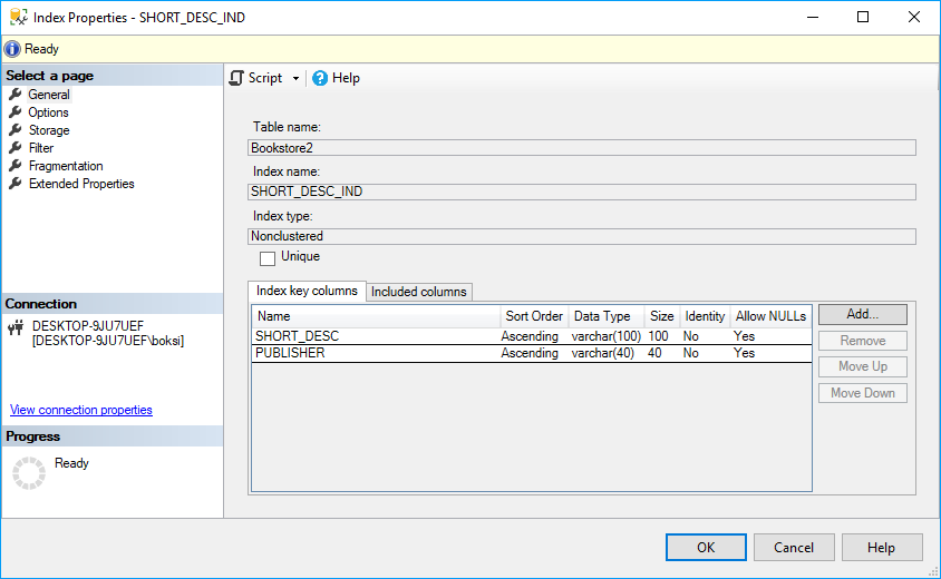 Index Properties window in SSMS