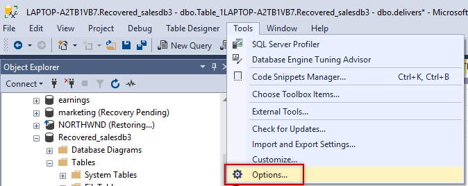 Change Options in SSMS