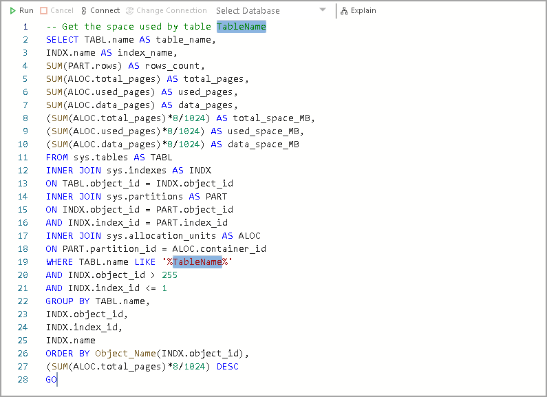 Code Snippets examples to get space for a table