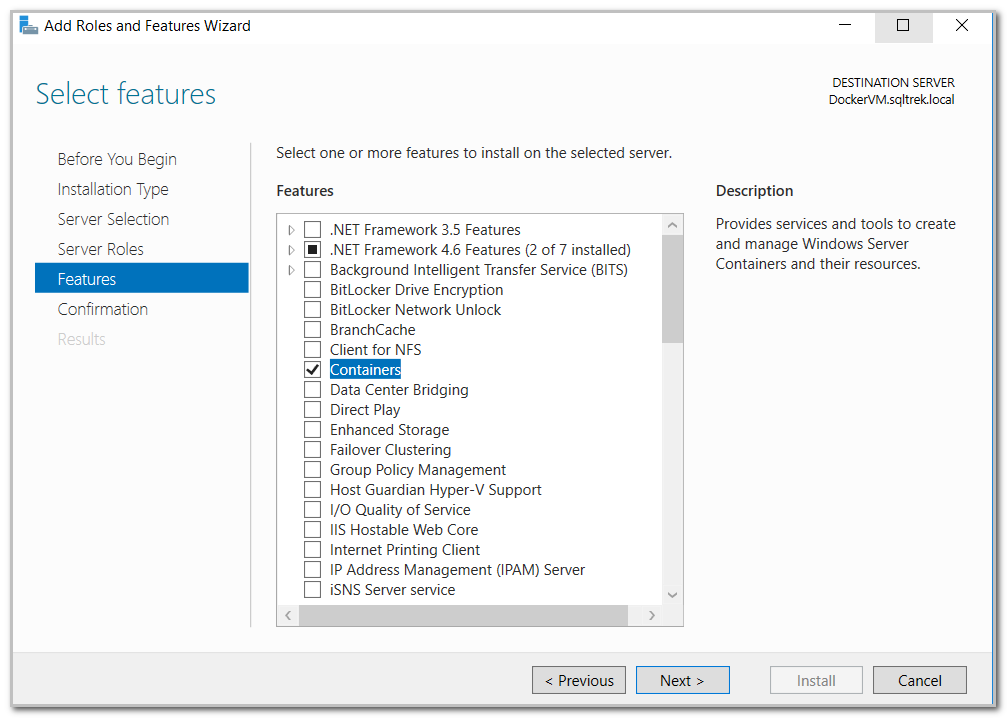 select containers feature in add roles and features wizard