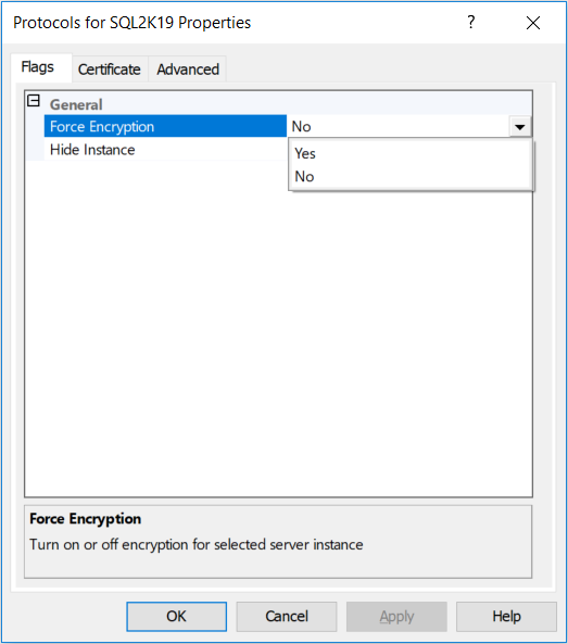 Certificate Management in SQL Server 2019 - SQL Server Protocols Properties Dialog