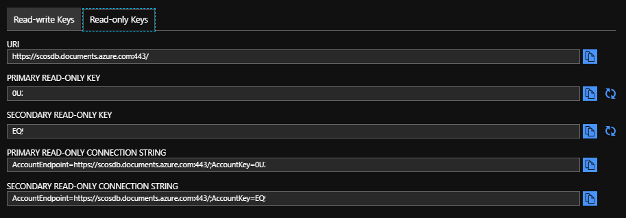 In the tab to the right, we see the read-only keys for our Azure Cosmos DB