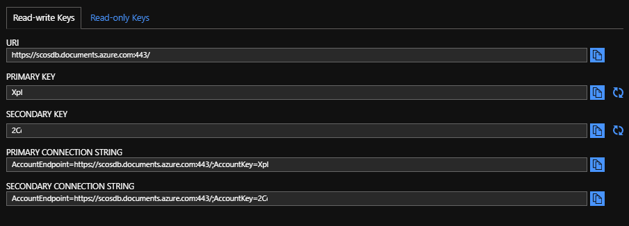 In the Azure Portal, we see the read-write keys for our Azure Cosmos DB