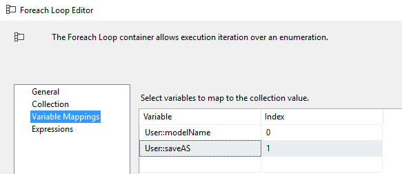 Variable mappings in ForEach Loop Editor in SSIS