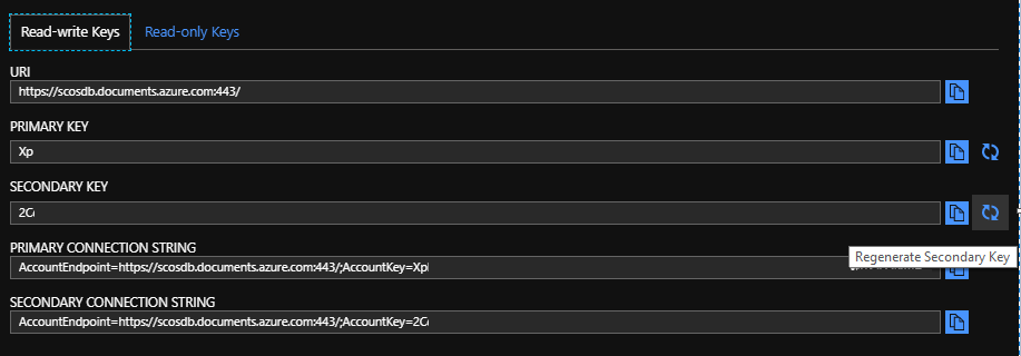 We can regenerate keys in the Azure Portal for our Azure Cosmos DB
