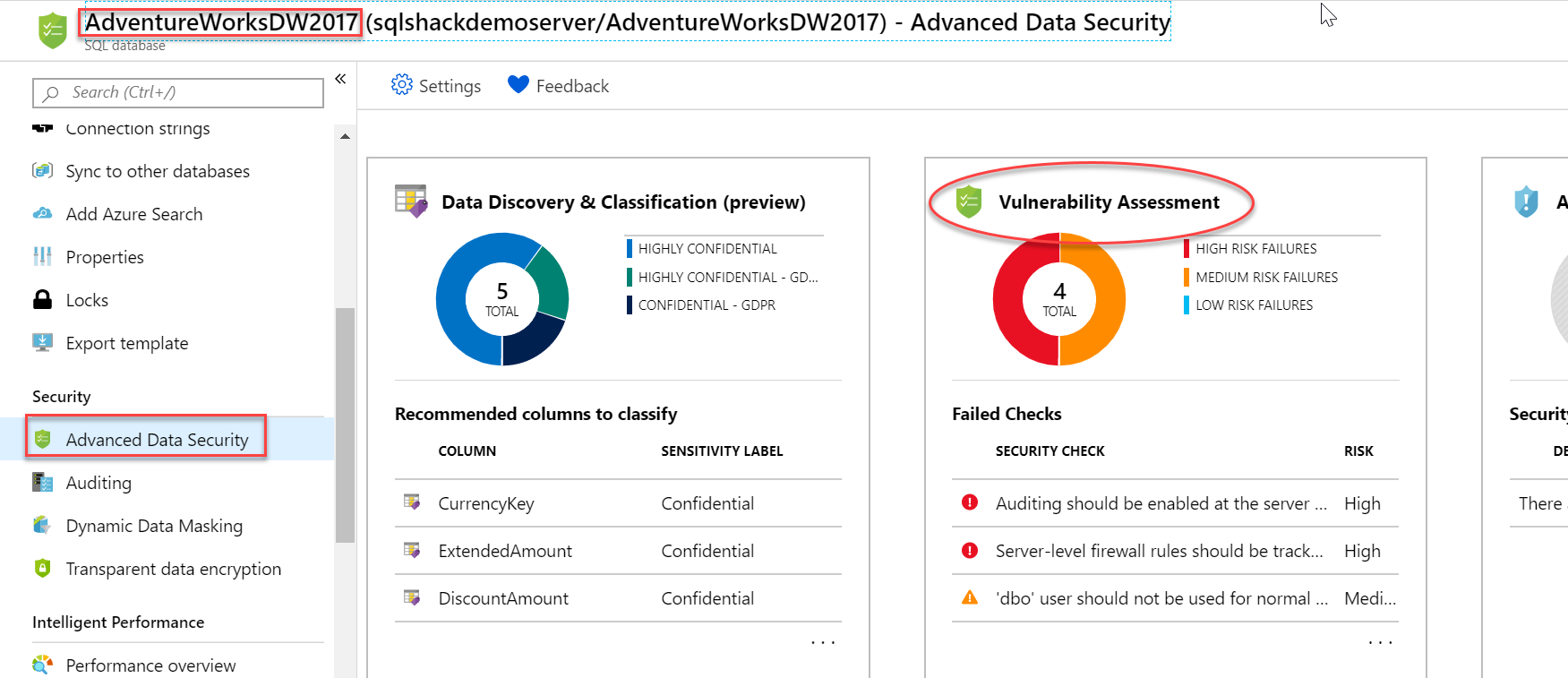 Open Vulnerability Assessment tile in Azure SQL Database.