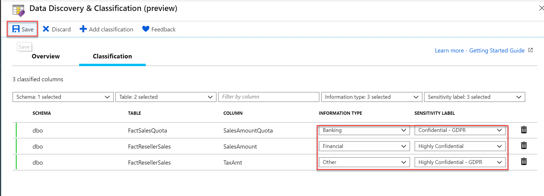 Editing information type and labels and Saving these classifications in Data Discovery and Classification.