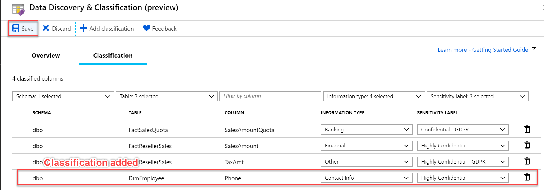 Saving manual classification in SQL Azure Database.