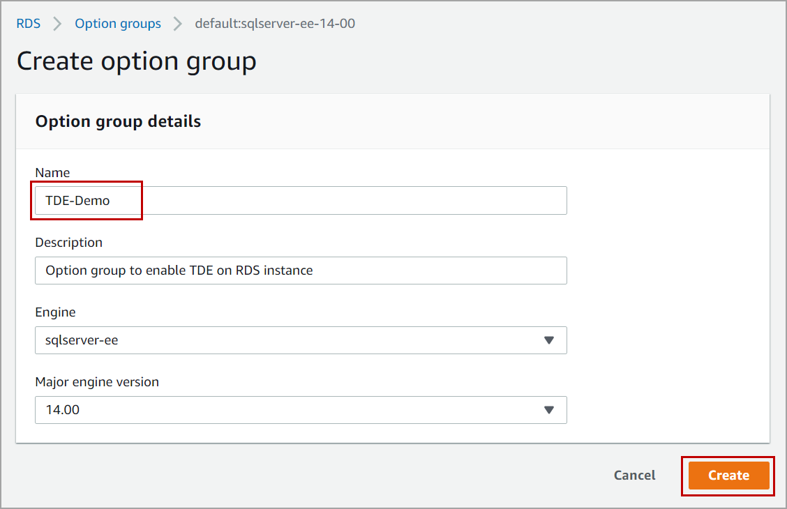 option group to enable Transparent Data Encryption in AWS RDS