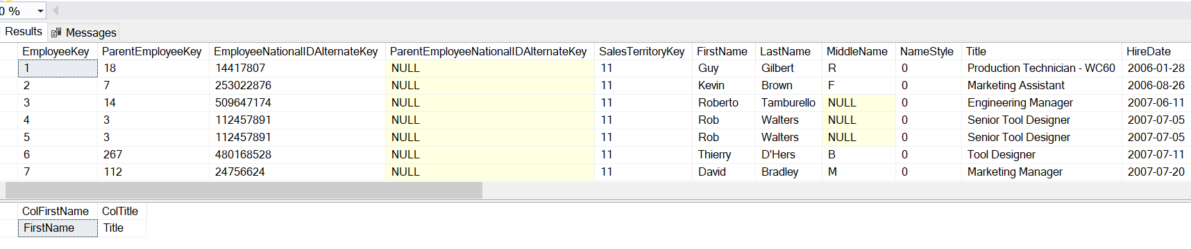 Example of metadata function COL_NAME() in SQL Server.