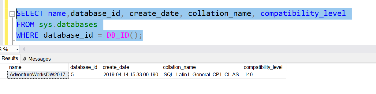 Example of metadata function DB_ID() in SQL Server.