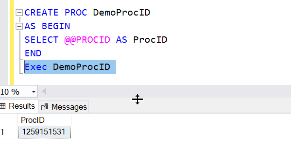 Example of metadata function @@PROCID in SQL Server.