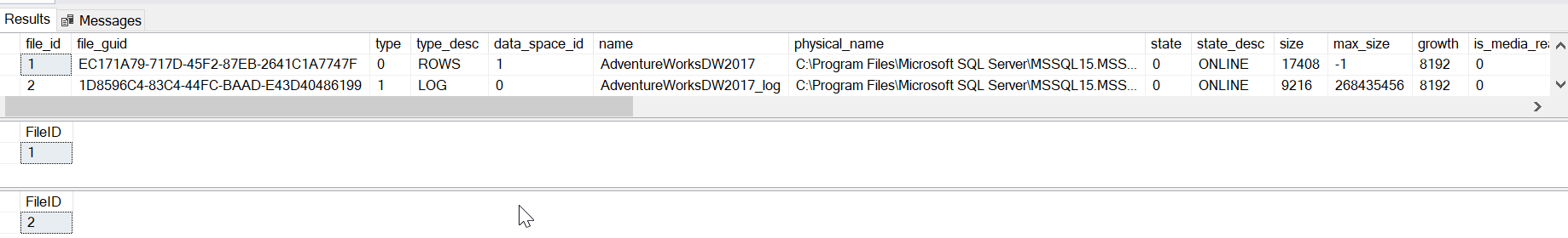 Examples of metadata function FILE_IDEX() in SQL Server.