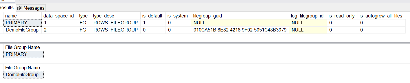 Examples of metadata function FILEGROUP_NAME() in SQL Server.