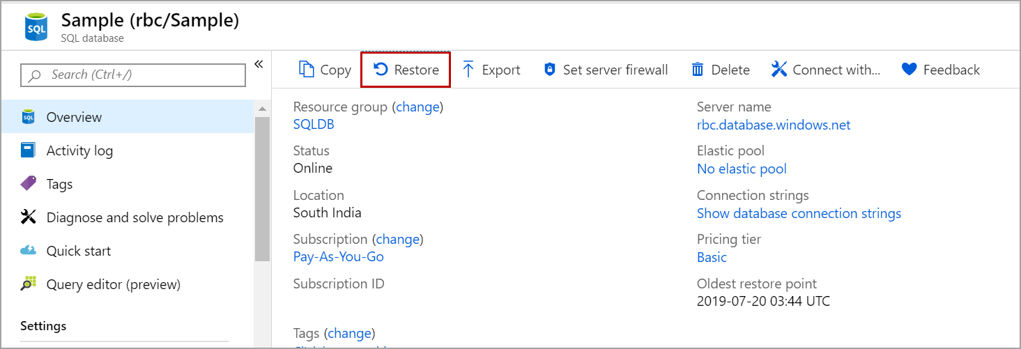 point in time restore in Azure SQL database