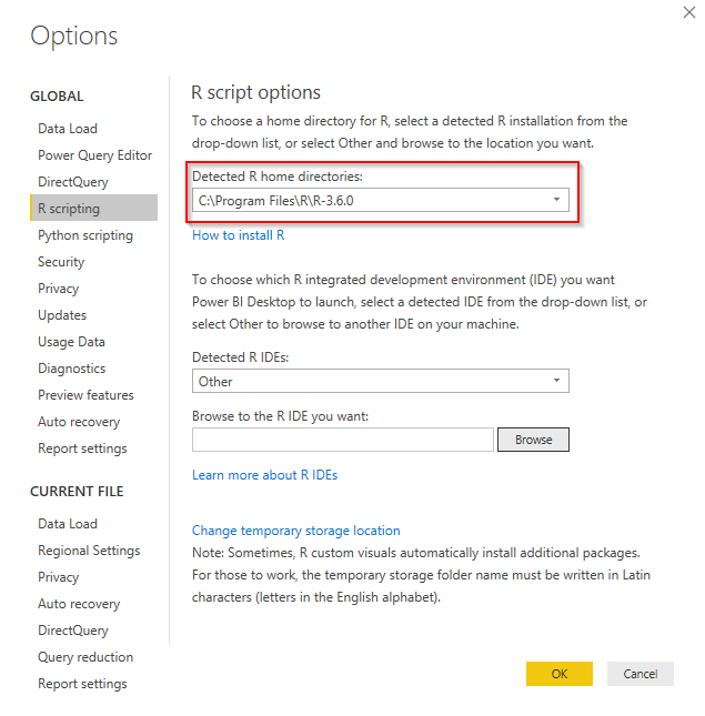 Power BI option > R scripting