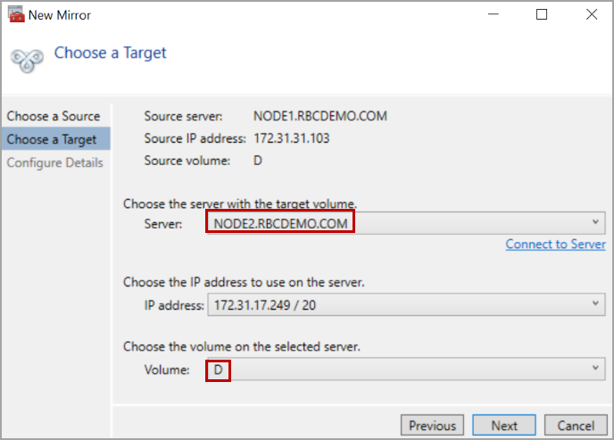 SIOS DataKeeper source and target connection