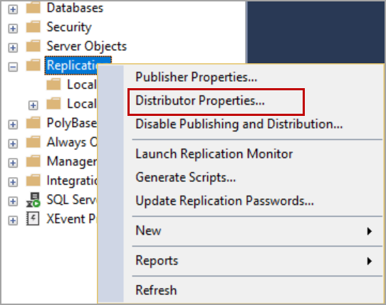 SQL replication distributor properties