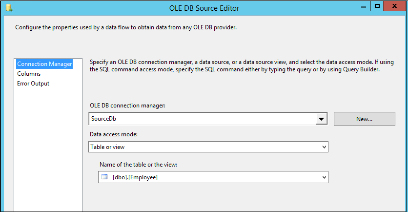 OLE DB Source editor