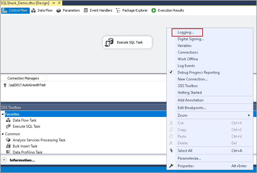 Configure a SSIS package logging