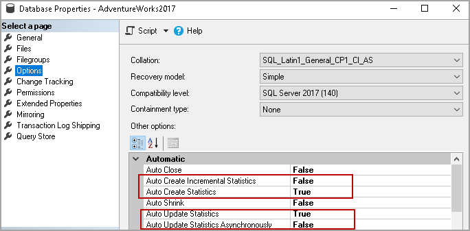 Database properties for statistics